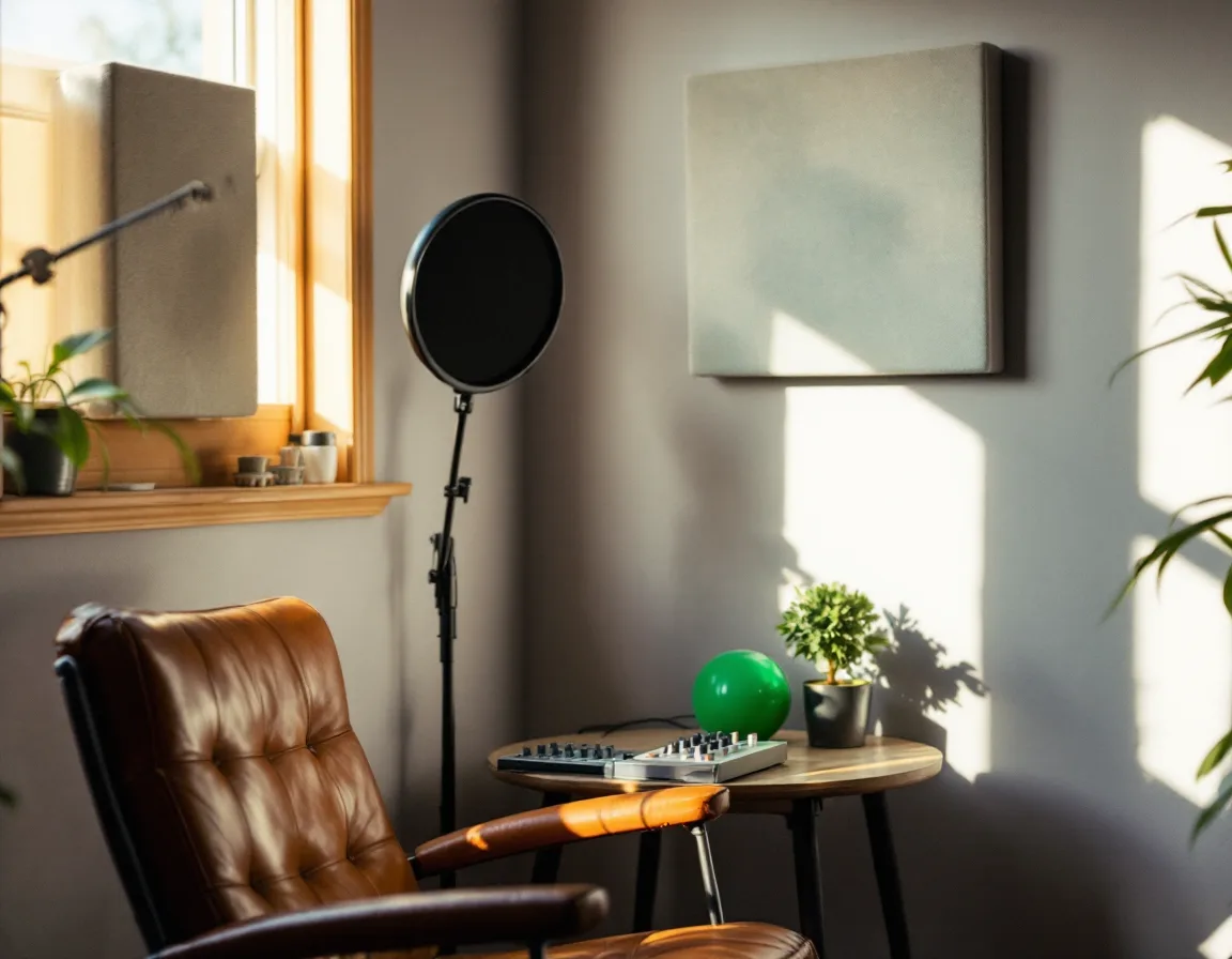 A sunlit corner of the Brevitune studio with a condenser mic and small mixer