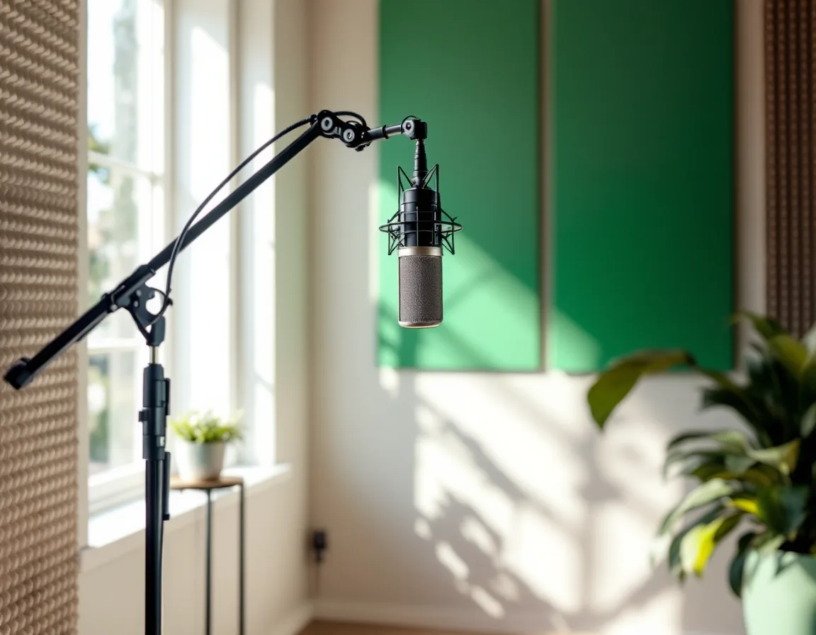 A sunlit podcast recording booth with a large condenser microphone