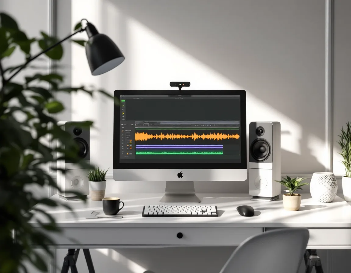 An audio editing workstation showing multitrack waveforms in soft daylight