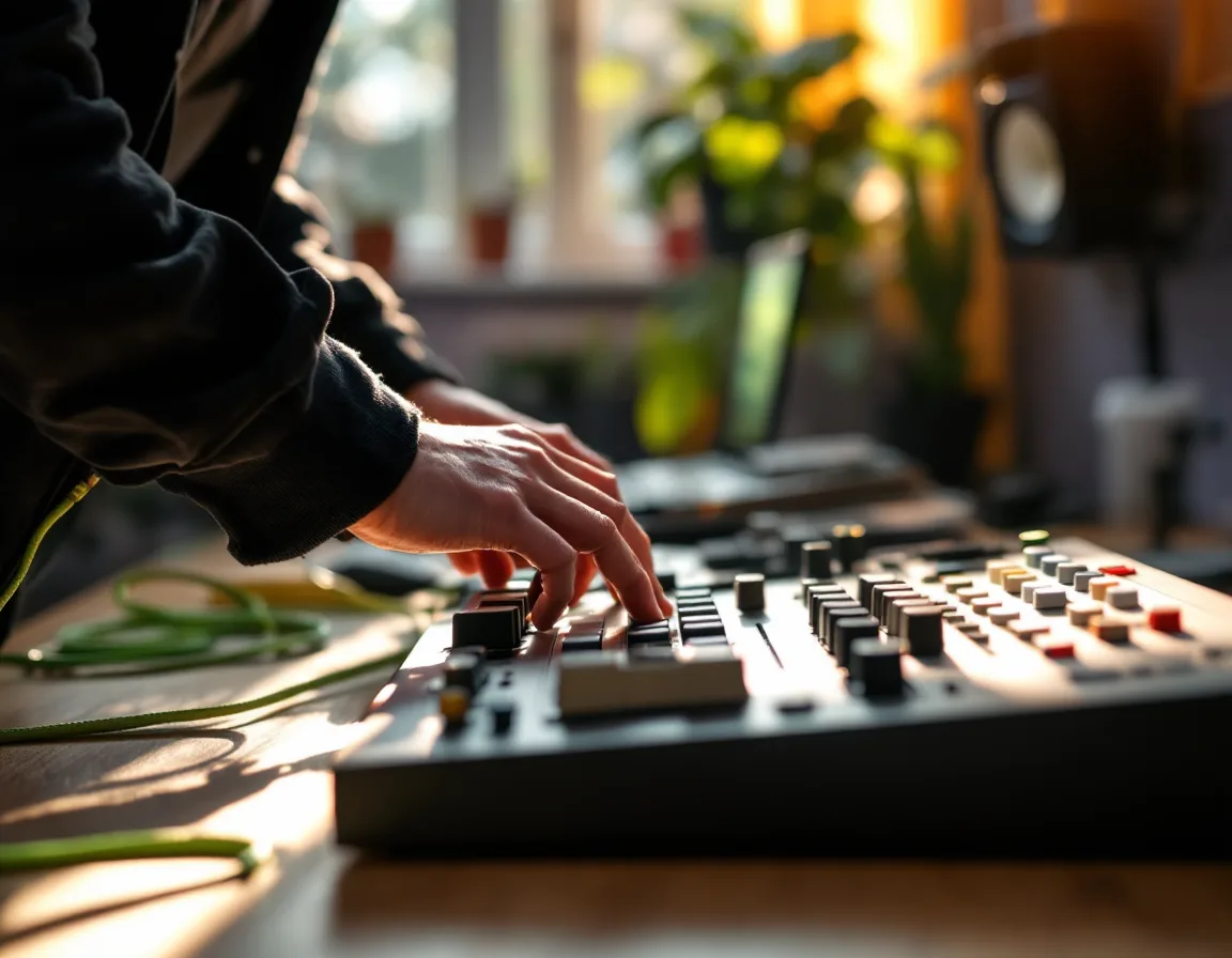 Hands adjusting faders on a mixing console in a sunlit studio